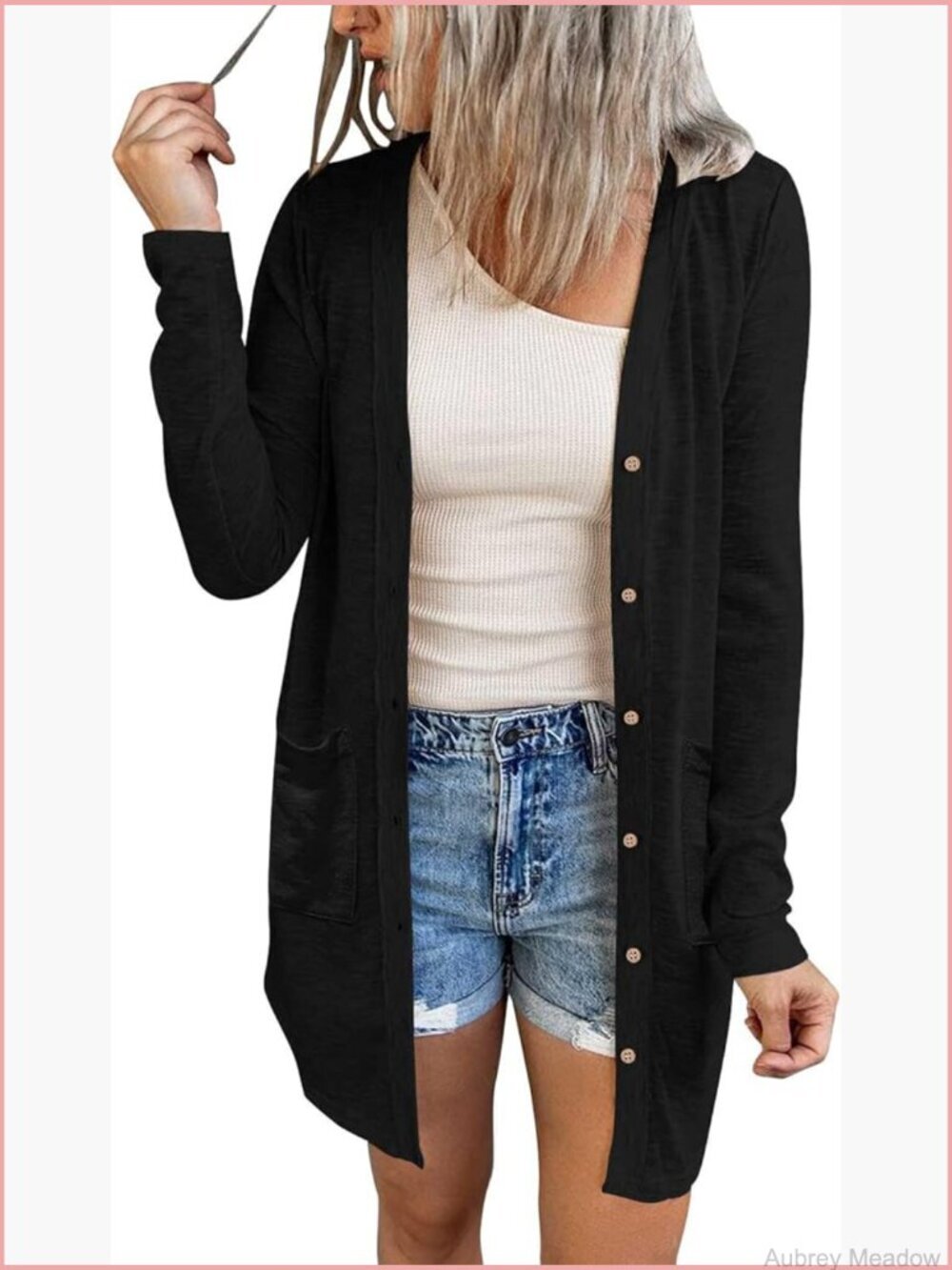 Lightweight Open Front Cardigan with Pockets Long Sleeve Button Down Loose Knit